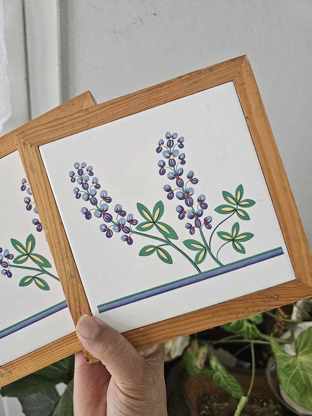Wood-Framed Lavender Tile Plaques - Natural Wood Teivet Set Cottagecore